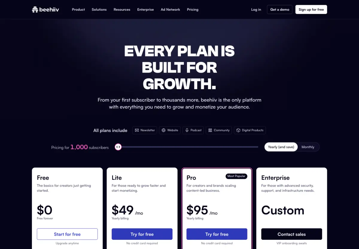 beehiiv pricing page, top of the page, 14 October 2026