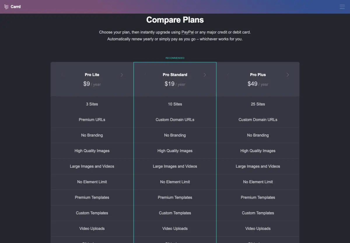 Carrd pricing page, top of the page, 14 October 2026