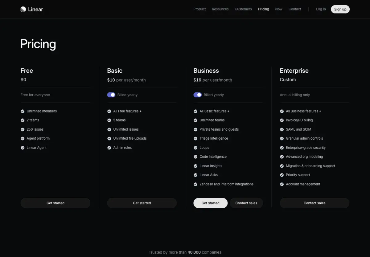 Linear pricing page, top of the page, 14 October 2026