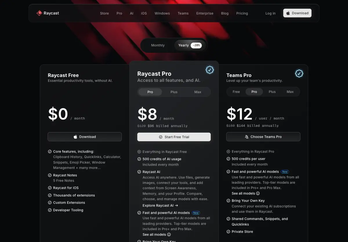 Raycast pricing page, top of the page, 14 October 2026
