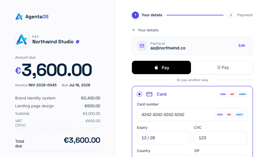 A buyer paying on the AgentaOS checkout — invoice, VAT and Apple Pay or card
