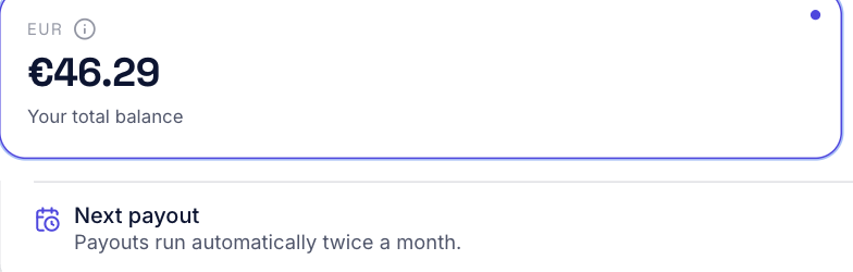 Your AgentaOS balance: 46.29 euro from the sale, paying out to your bank