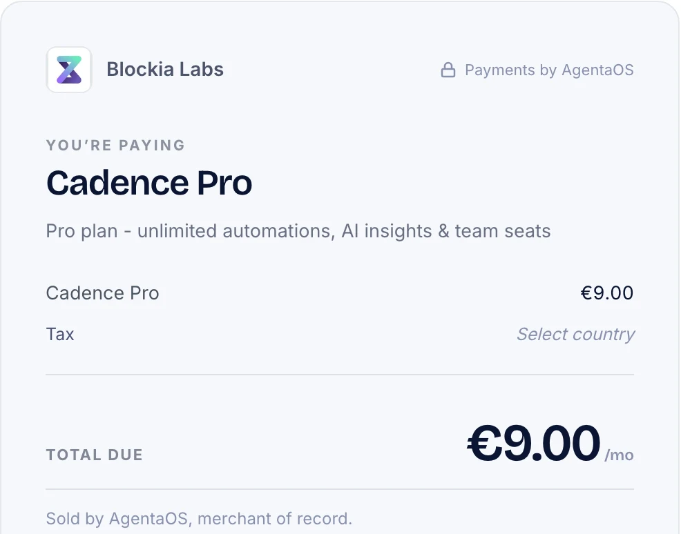 A real AgentaOS checkout: the customer pays €9.00 a month by card
